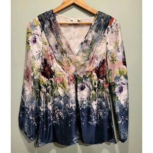 Blue Pink Floral 100% Silk Long Sleeve Babydoll Top Sundance Fairy Y2K Sz S